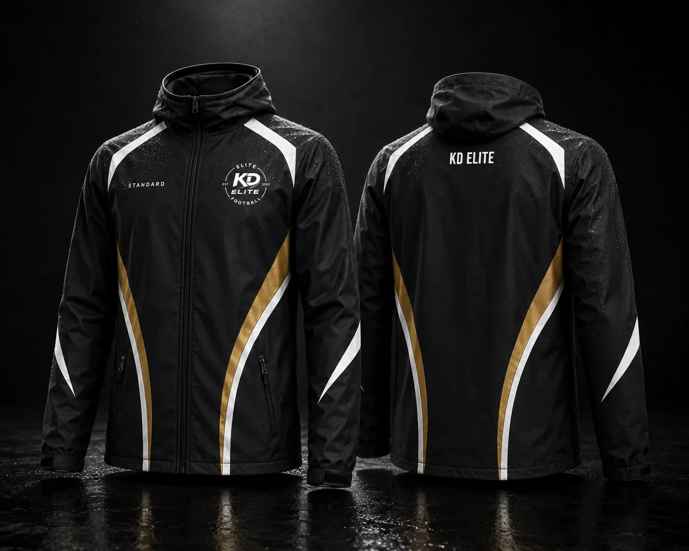 Black hooded rain jacket with gold and white panels, front and back views