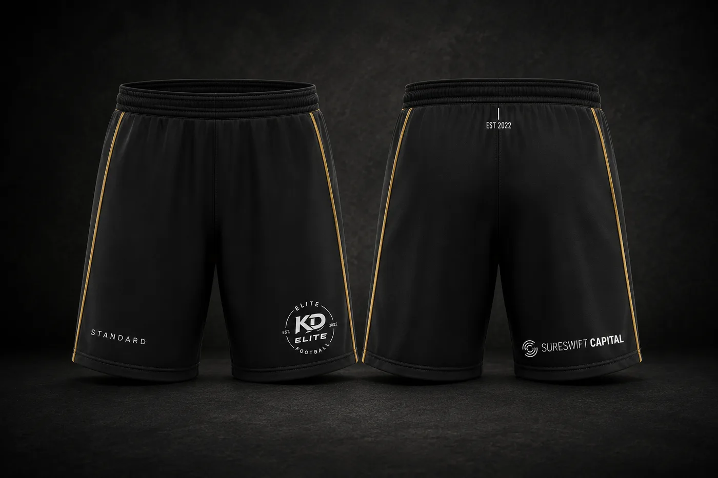 Black training shorts with gold side piping, front and back views